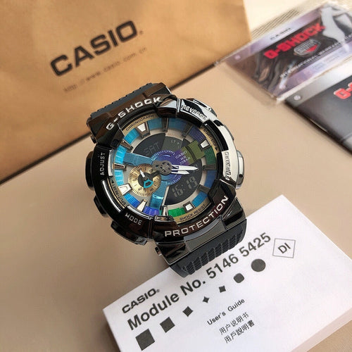 Black sports wristwatch with blue-detailed dial, protective bezel and black band