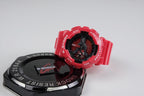 Casio G-SHOCK red digital watch, side view showing dial details and buttons