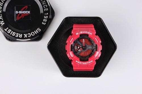 Casio G-SHOCK red digital watch with black octagonal bezel and resin strap
