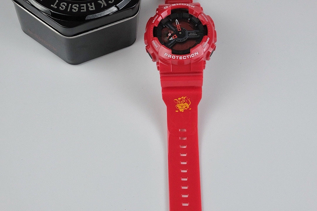 Casio G-SHOCK red resin watch strap with black dial and bezel edge