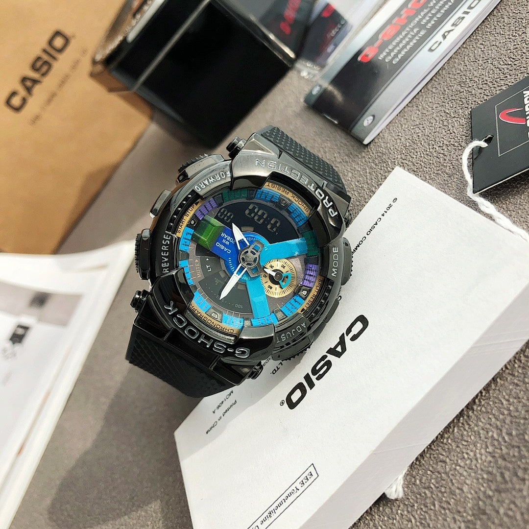 Casio watch with black strap and blue multi-dial face, metal bezel with rugged detailing