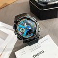 Casio watch with black strap and metal bezel, blue multi-dial face and sporty markings