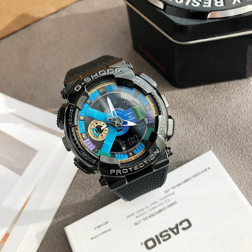 Casio watch with black strap and metal bezel, blue multi-dial face and sporty markings
