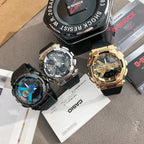 Casio watches set: three watches with black straps and blue/gray/gold multi-dial faces