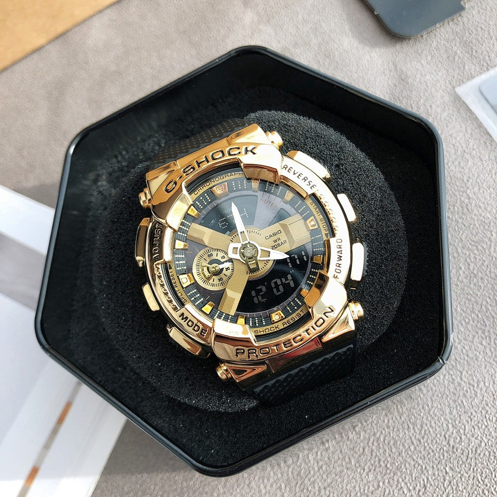 Casio watch with black strap and gold bezel, gold multi-dial face and analog-style sub-dials