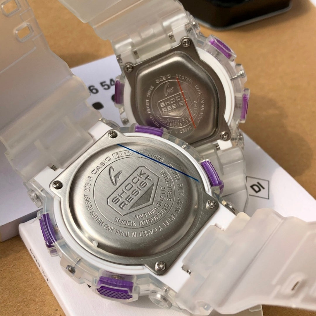 Casio watch caseback with silver back plate, purple strap link, clear resin