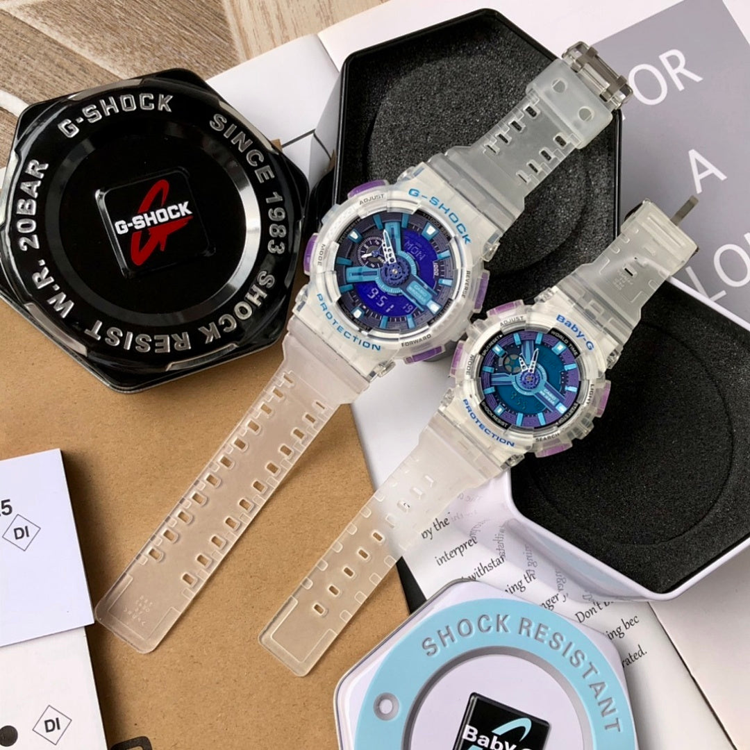 Casio G-Shock and Baby-G watches with clear resin straps and blue dials