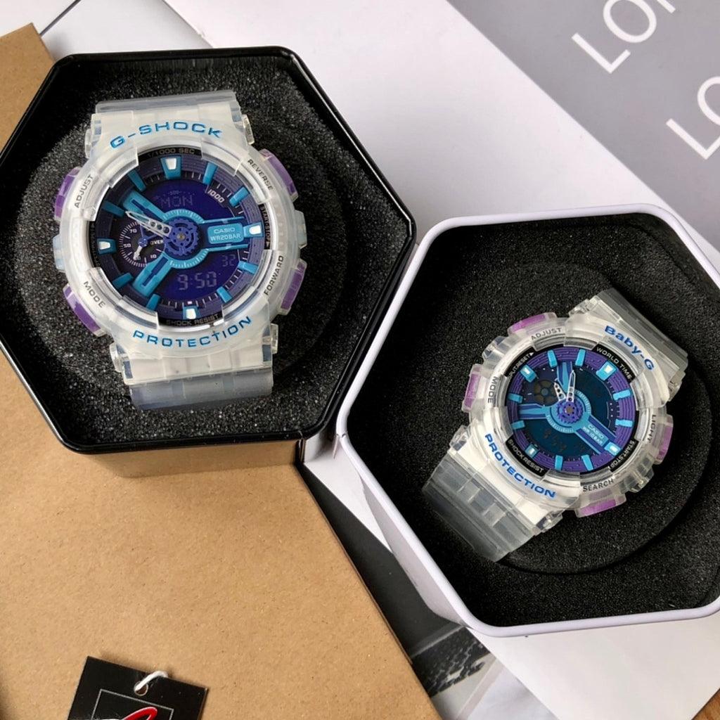 Two Casio watches in boxes, clear cases with blue dials