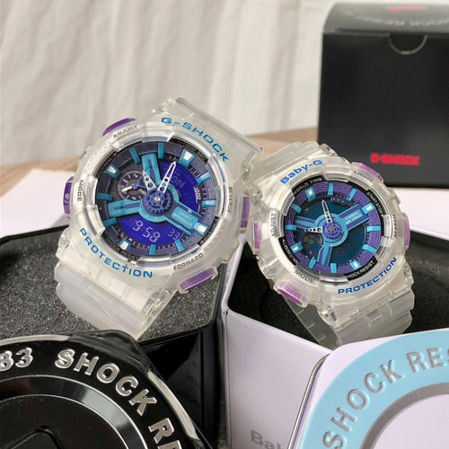 Casio G-Shock watch with clear resin case, blue dial, purple accents