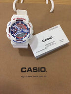 G-Shock watch with white resin strap and blue-red dial, multi subdials.
