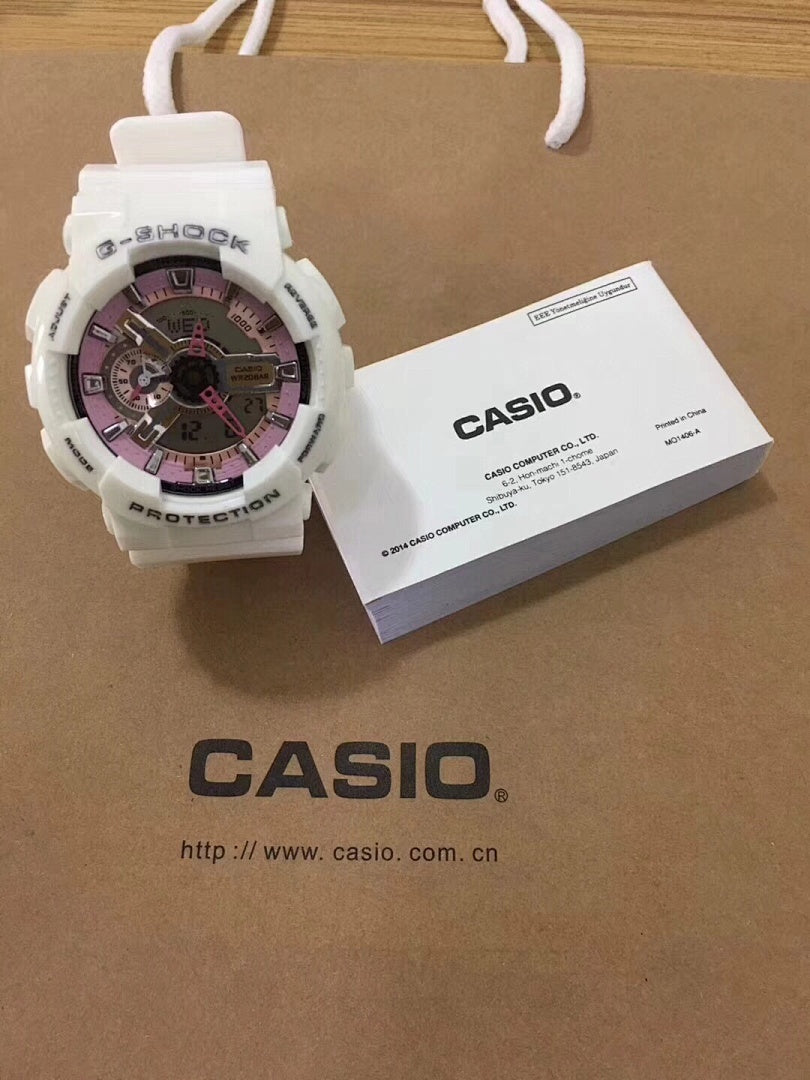 G-Shock watch with white resin strap and purple dial, multi subdials.