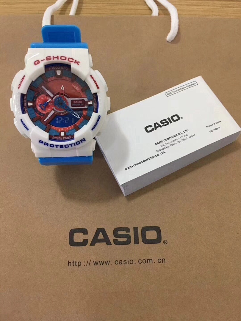 G-Shock watch with blue resin strap and blue dial, multi subdials.