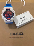 G-Shock watch with blue resin strap and blue dial, multi subdials.