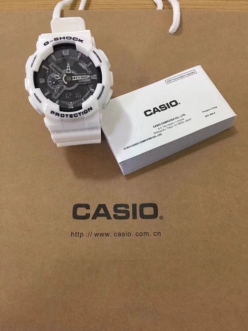 G-Shock watch with white resin strap and dark dial, multiple subdials.