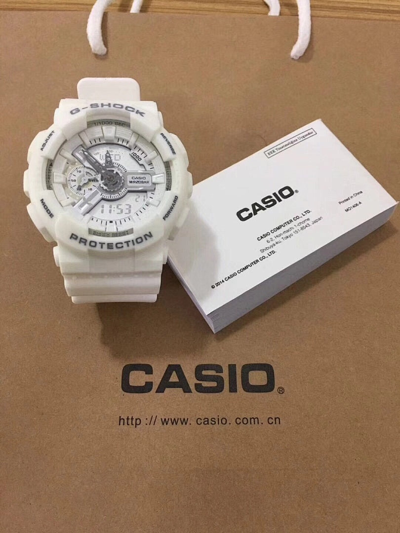 G-Shock watch with white resin strap and gray dial with subdials.