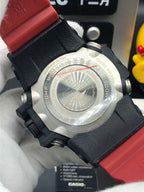 Casio G-Shock wristwatch backplate on black-and-red strap with molded details