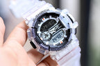 Casio G-Shock watch with translucent white case and black dial, multi-function subdials