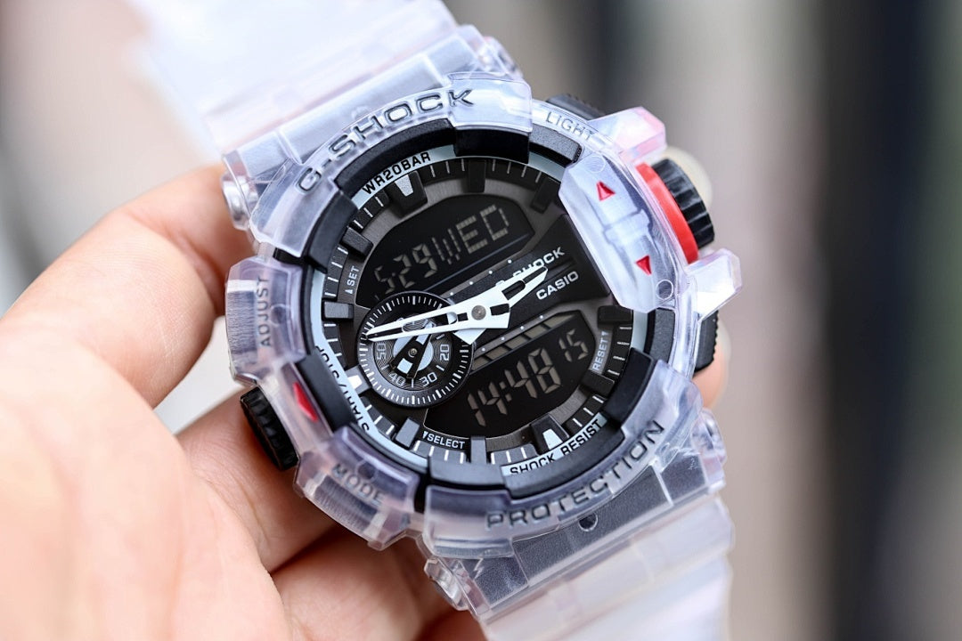 Casio G-Shock watch with translucent white strap and black dial, white minute markers and subdials