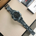 G-Shock camo sport watch with black dial and long gray camo resin band