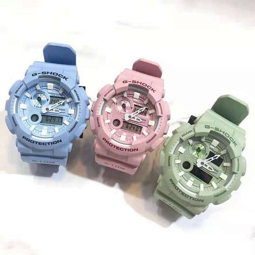 Casio G-Shock watch with light blue resin strap and round analog-digital face