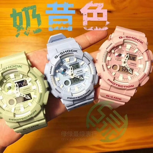 Casio G-Shock watch set: light blue, pink, and green resin straps with round faces