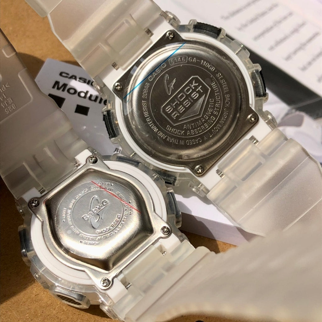 Casio watch pair back views with metal bezels and clear resin straps