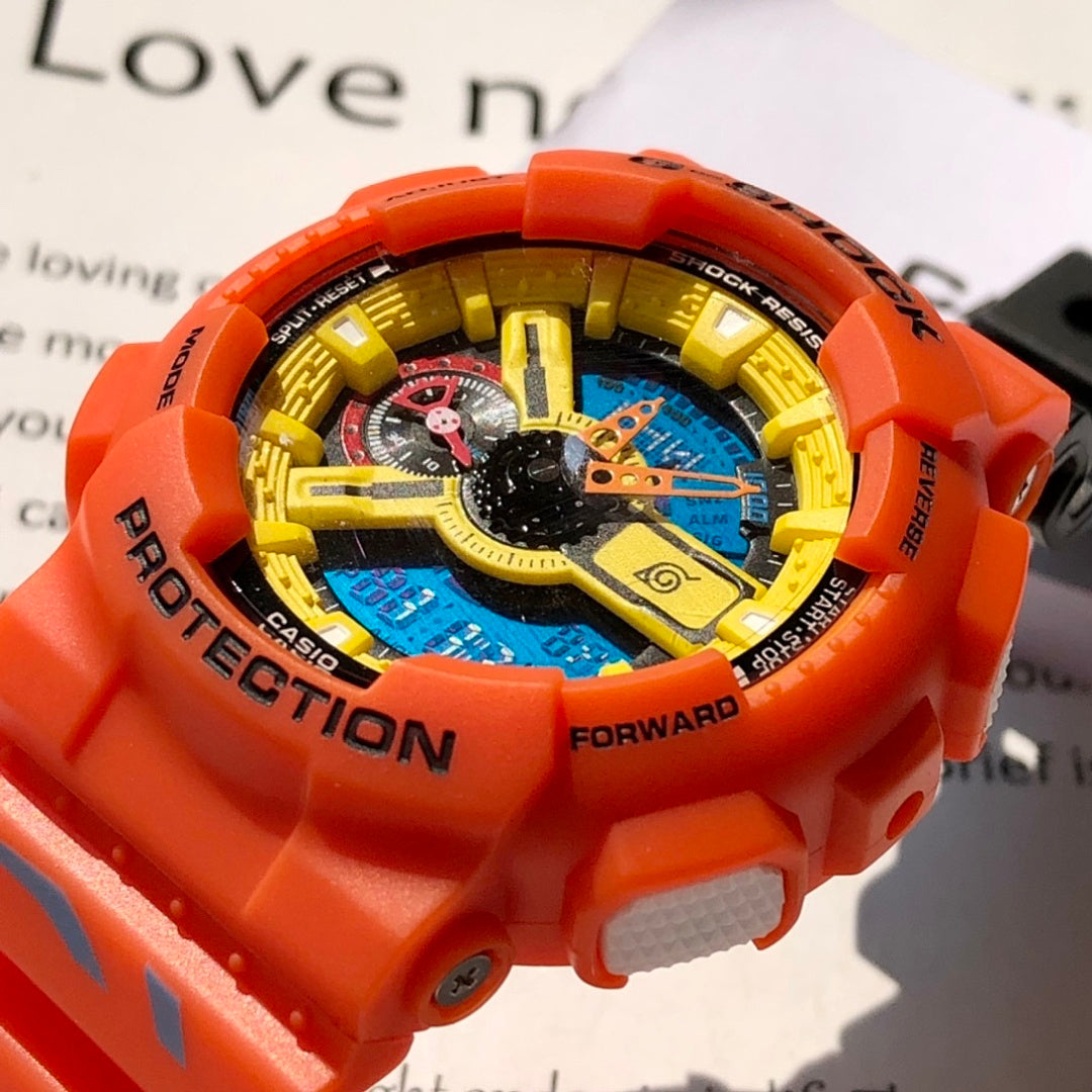 Casio G-Shock watch with orange case, blue dial, yellow ring, and PROTECTION branding