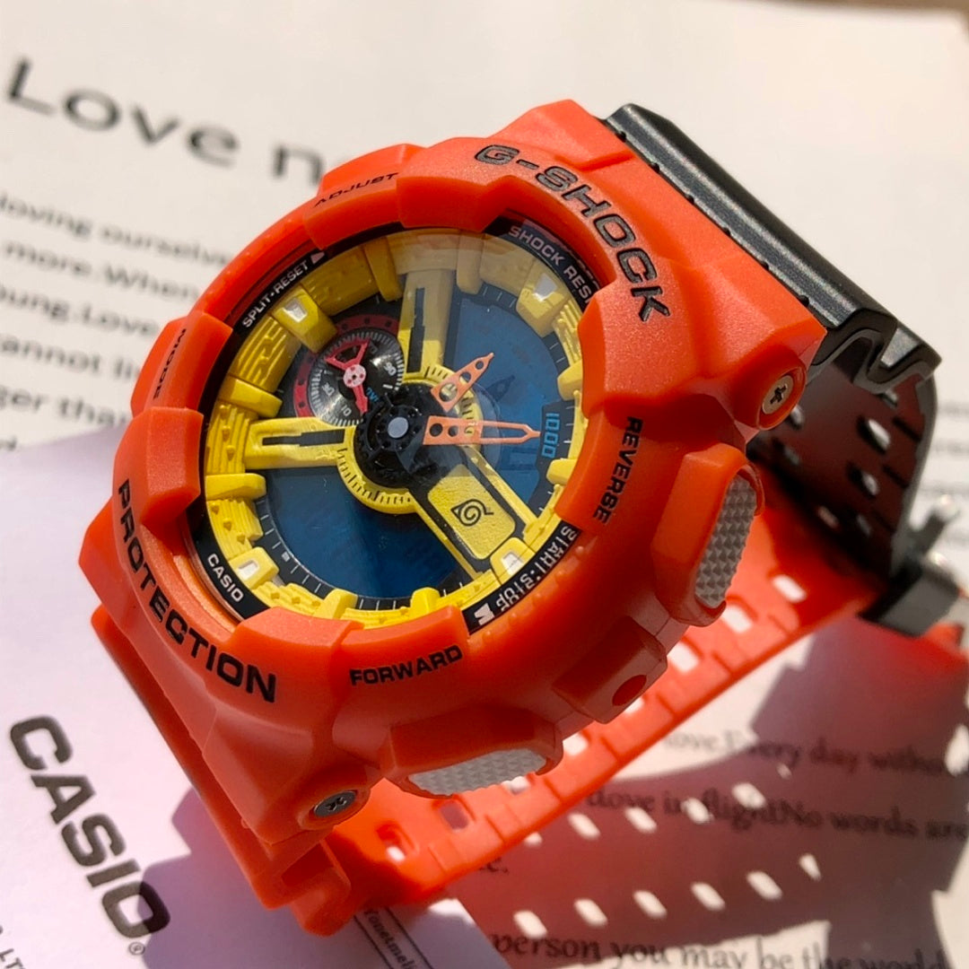 Casio G-Shock watch with orange bezel, blue dial, and black buckle on strap