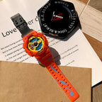 Casio G-Shock watch with orange strap, black dial, and black buckle