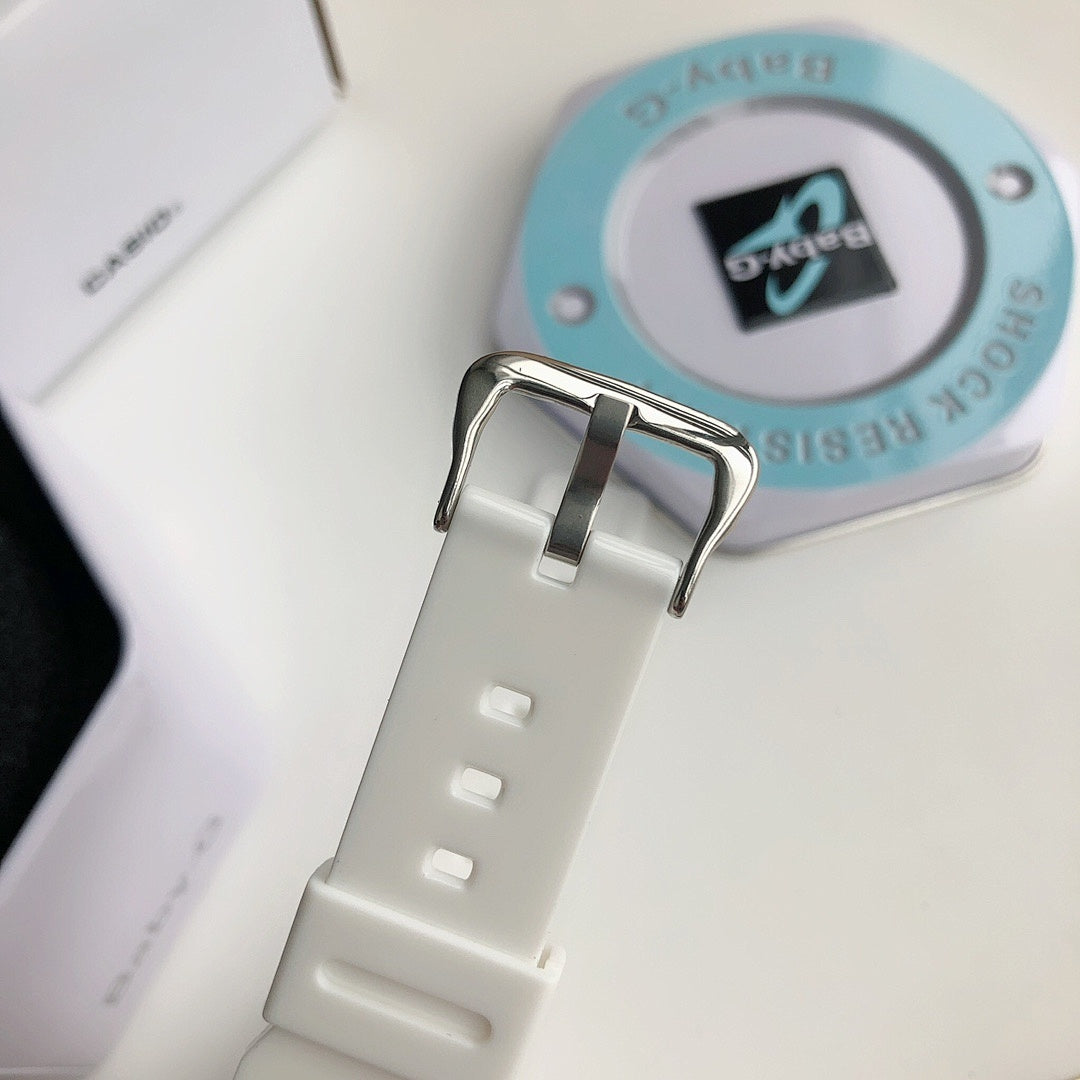 White Casio watch strap with metal buckle and round bezel, pink dial detail