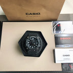 G-Shock watch front view with black face and black resin strap