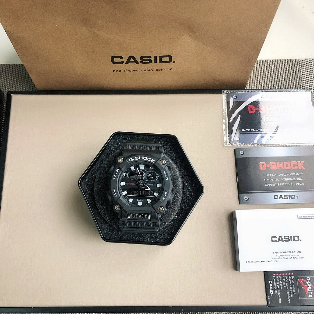 G-Shock watch front view with black face and black resin strap