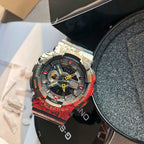Casio G-Shock watch front view, red-and-black patterned band with yellow clock hands