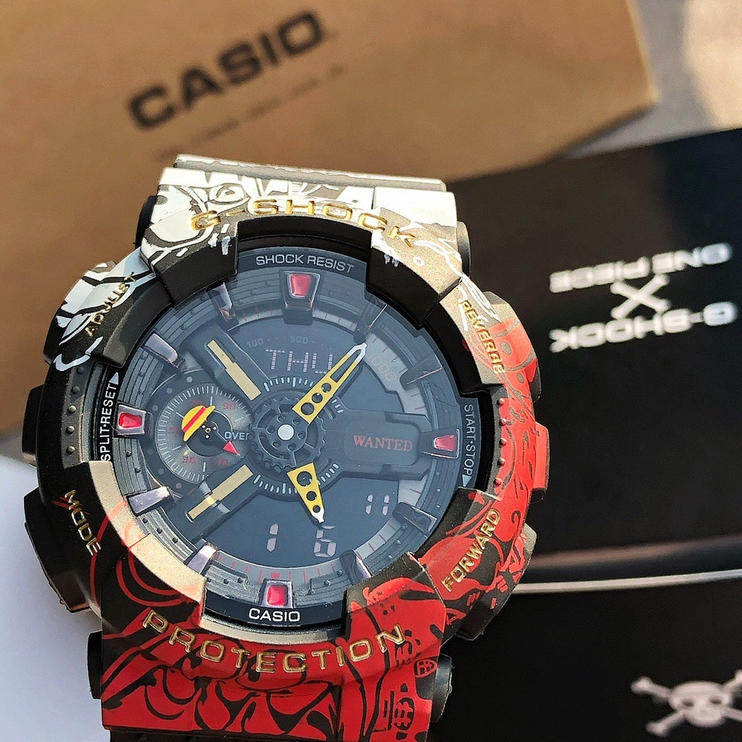 Casio G-Shock watch close-up, white camouflage bezel, red patterned resin strap