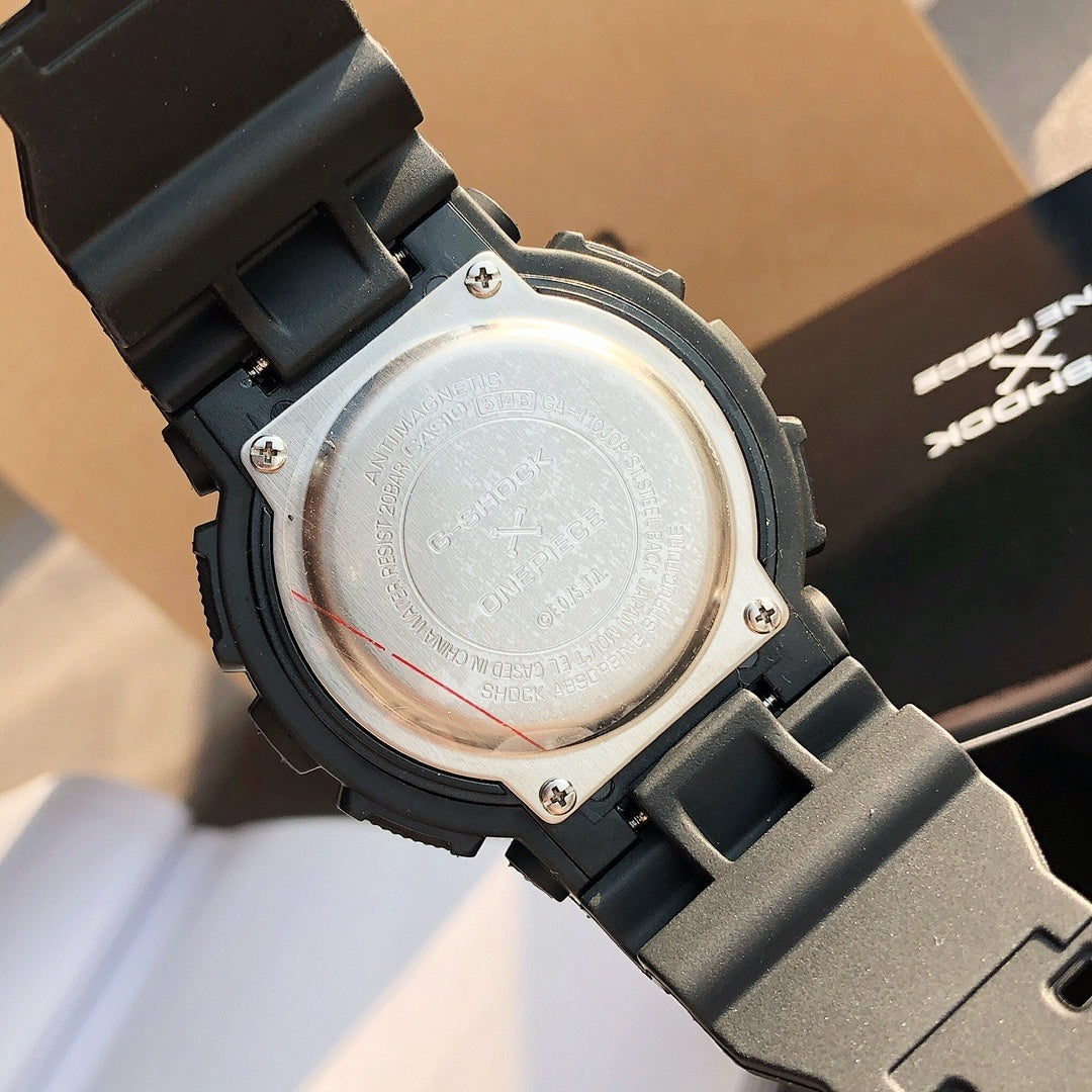 Casio G-Shock watch case back close-up with screw details on black resin strap