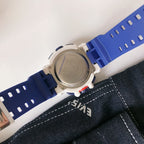 G-Shock watch with silver case back and blue silicone strap