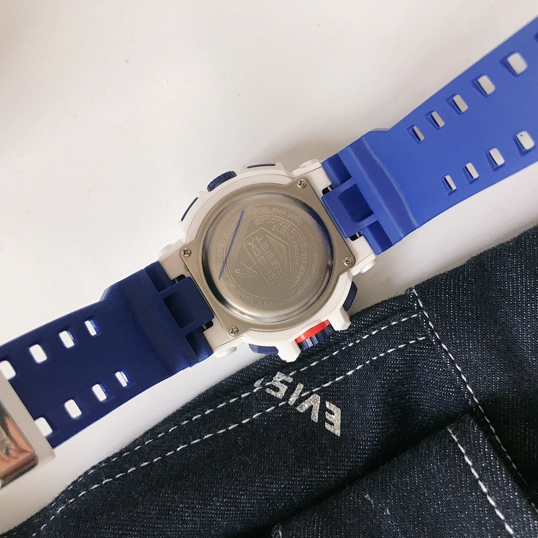 G-Shock watch with silver case back and blue silicone strap