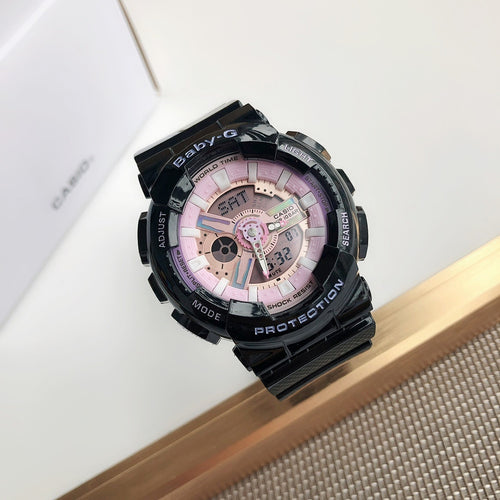 Black resin sport watch with pink dial, multi-function bezel, Casio
