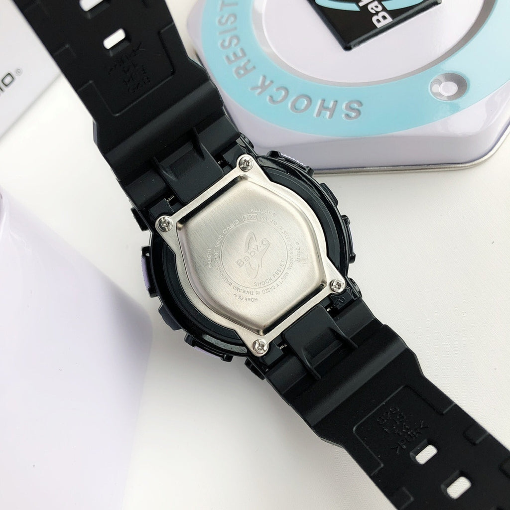 Casio watch case with silver back and black strap, buckle and clasp detail