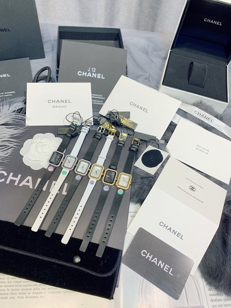 Chanel watch set with multiple square watches on display