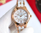 Rose gold Chanel watch with white dial, clover motif, Roman numerals, diamond bezel.