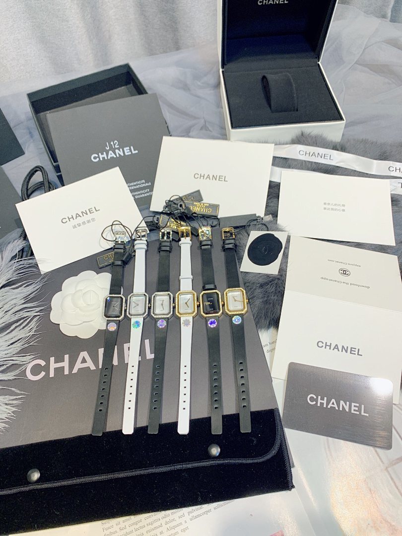Chanel rectangular-dial watch set with several white and dark straps