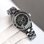 Chanel automatic wristwatch front view, black dial and steel bracelet with bezel ridges