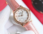 Chanel watch with light pink leather strap, rose-gold round case, diamond bezel, floral dial