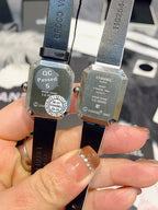 Chanel watch case backs with QC Passed S stamp on dark leather straps