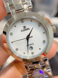 Chanel quartz wristwatch with white dial, silver bezel, metal bracelet, and crown