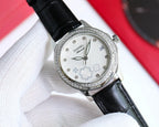 Wristwatch with black leather strap, diamond bezel, white floral dial, silver hands