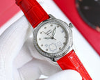 Wristwatch with red leather strap, diamond bezel, white floral dial and silver hands
