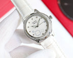Wristwatch with white leather strap, diamond bezel, white floral dial