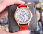 Chanel watch with red leather strap, round white dial and rose-gold tone case
